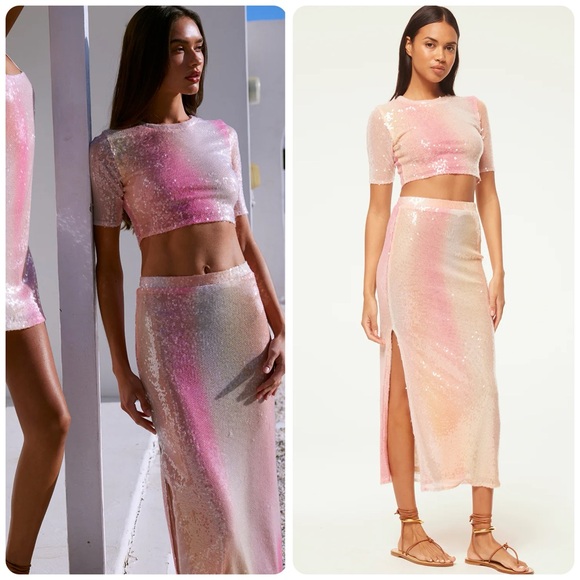 MISA LOS ANGELES Set Love Top & Aisha Skirt, Sequin Pink Ombré, XS - Picture 1 of 13